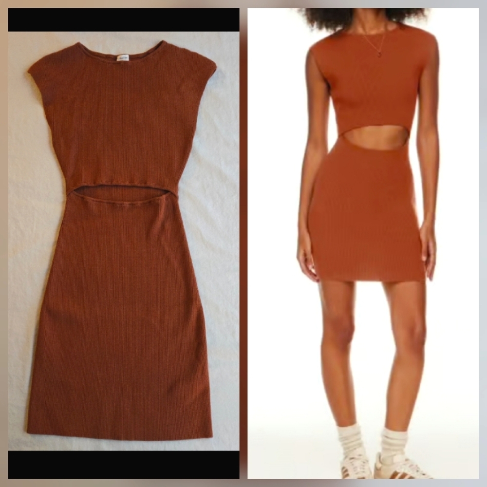 Aritzia Wilfred Free Cut Out Knit Ribbed Mini Dress - Copper Red Rust Brown